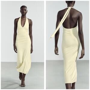 NWT Zara Butter Yellow Ruched Halter Midi Dress Size Large 3641/387 Cocktail